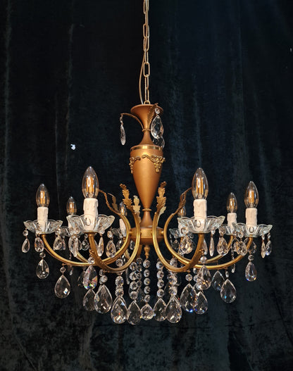 Beautiful Vintage Italian 8 Arm Brass and Crystal Leaf Chandelier Ceiling Light
