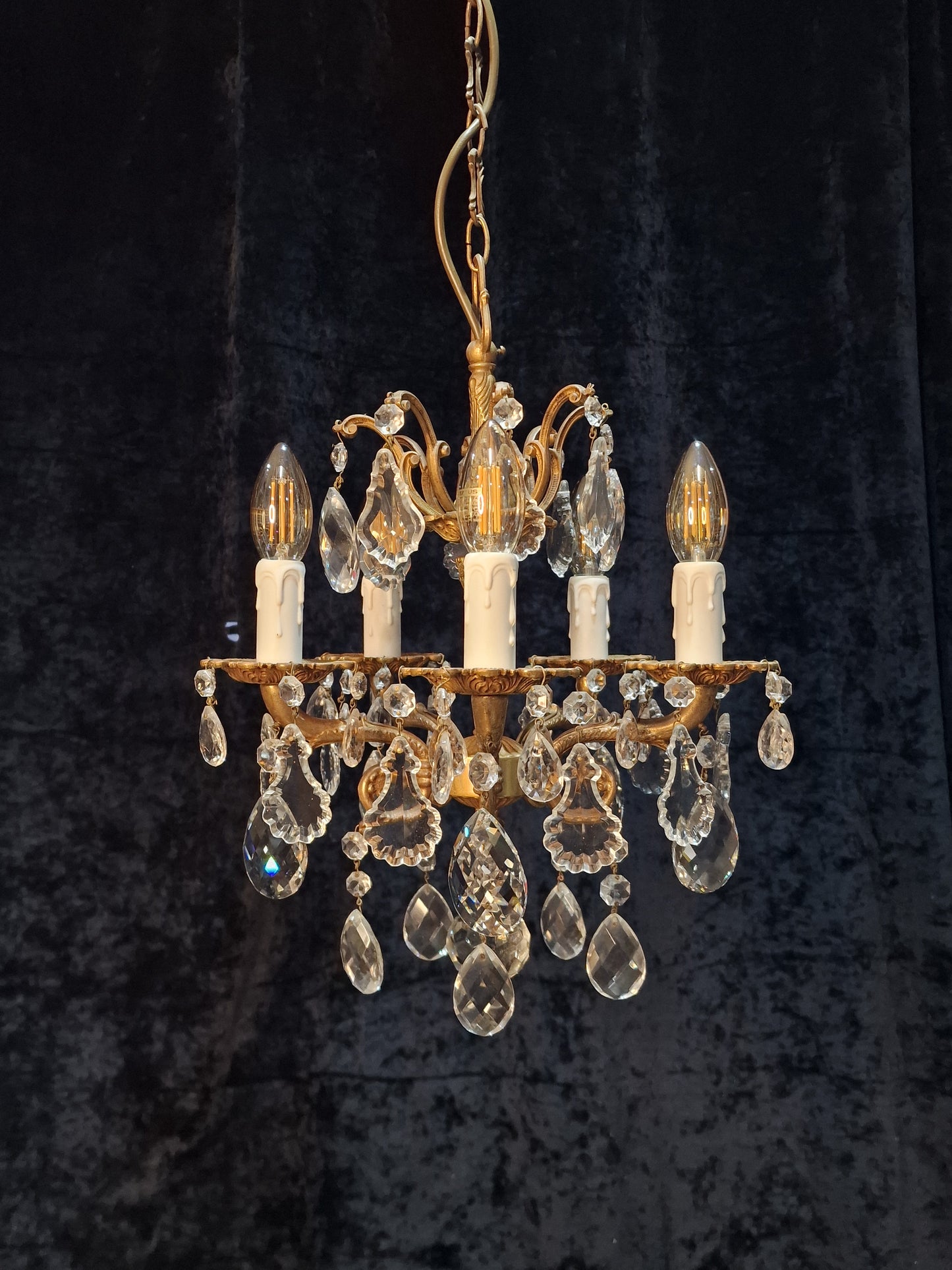 Beautiful Antique French 5 Arm Brass and Crystal Chandelier Ceiling Light