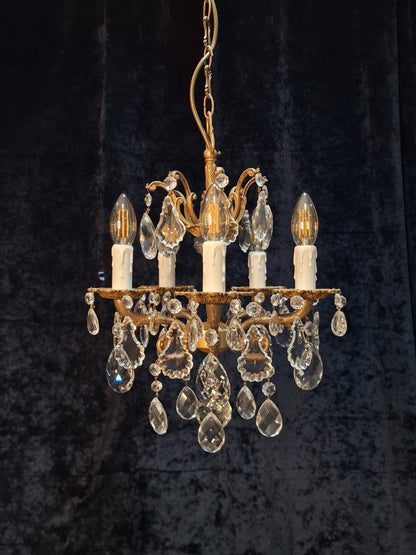 Beautiful Antique French 5 Arm Brass and Crystal Chandelier Ceiling Light