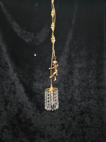 Beautiful Petite Vintage French Brass Cherub Crystal Chandelier Ceiling Light