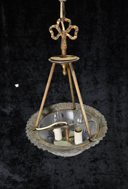 Lovely Vintage Brass Cut Glass Starburst 2 Light Spanish Lantern Chandelier