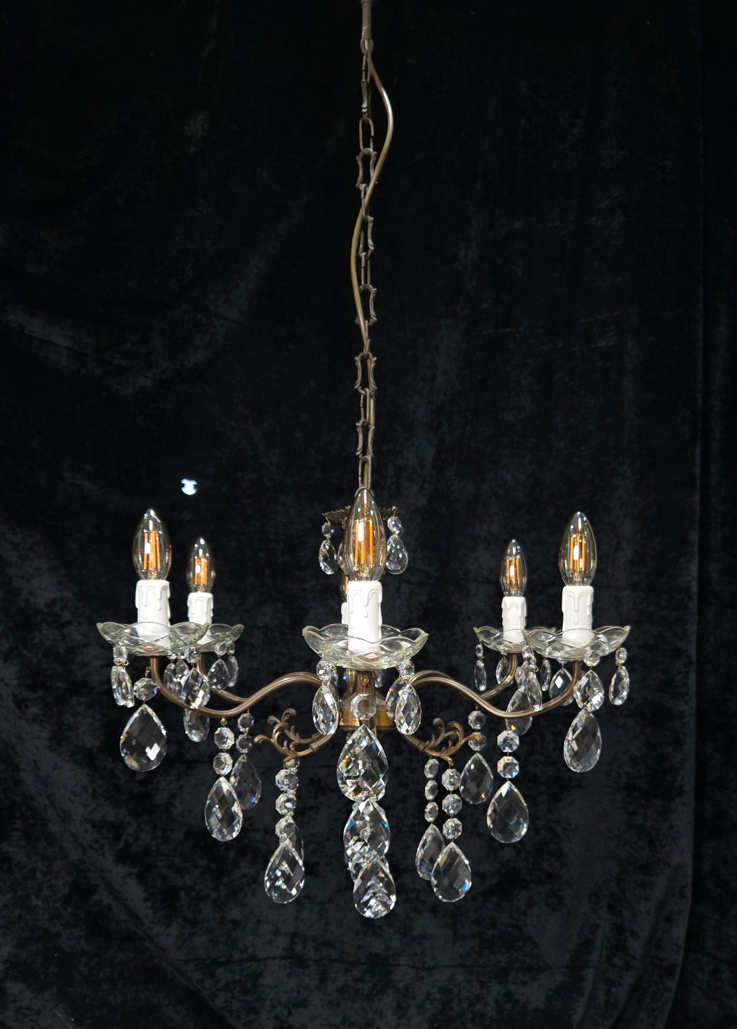 Traditional Vintage French 6 Arm Brass Crystal Glass Chandelier Ceiling Light