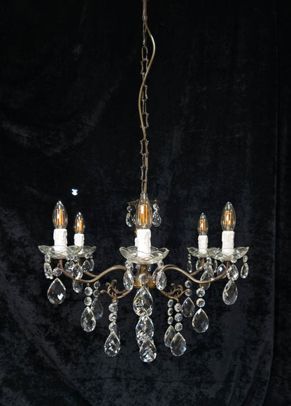 Traditional Vintage French 6 Arm Brass Crystal Glass Chandelier Ceiling Light