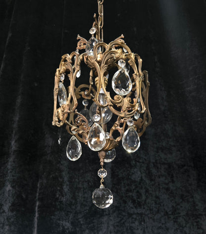 Beautiful Antique French 1 Light Brass Crystal Cage Chandelier Ceiling Light
