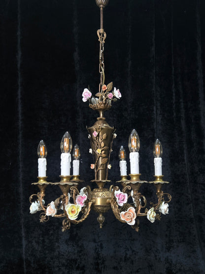 Fabulous Vintage Italian 6 Arm Brass Florentine Flower Roses Chandelier Light