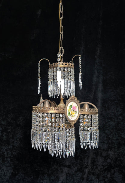 Beautiful Vintage Italian Capodimonte Flower Brass Crystal 4 Light Chandelier