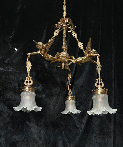 Fabulous Vintage French 3 Light Cherub Brass and Spelter Chandelier with Shades