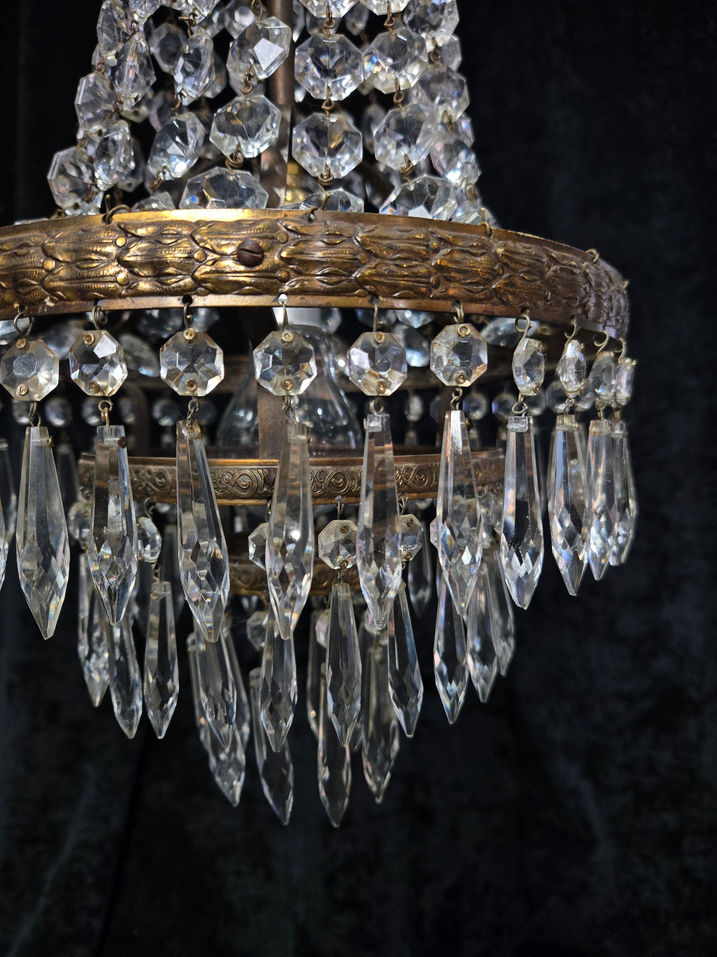 Beautiful Antique French 3 Tier Waterfall Montgolfiere Crystal Brass Chandelier
