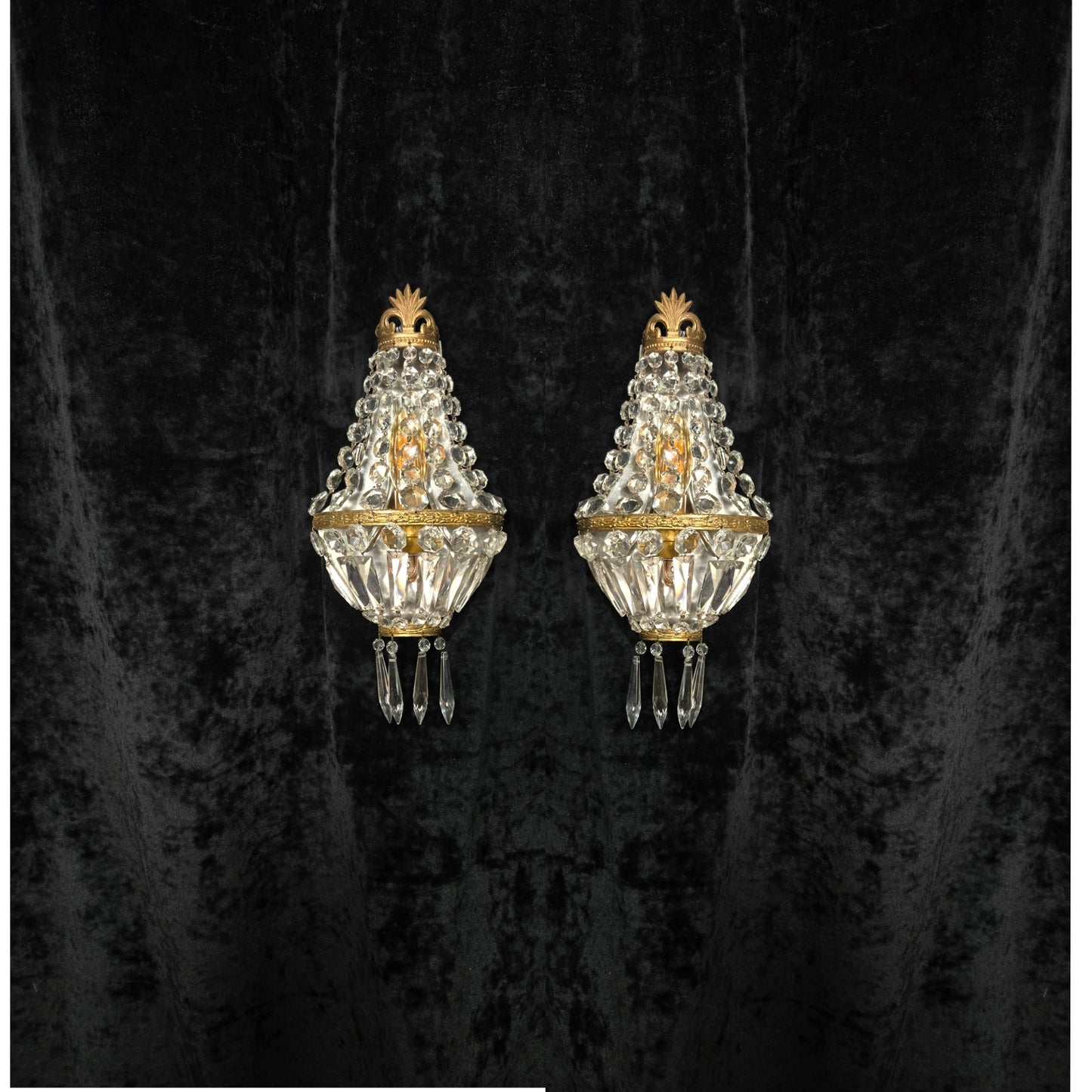 Stunning Pair Vintage French Brass Crystal Montgolfiere Sconces Wall Lights