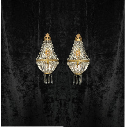 Stunning Pair Vintage French Brass Crystal Montgolfiere Sconces Wall Lights
