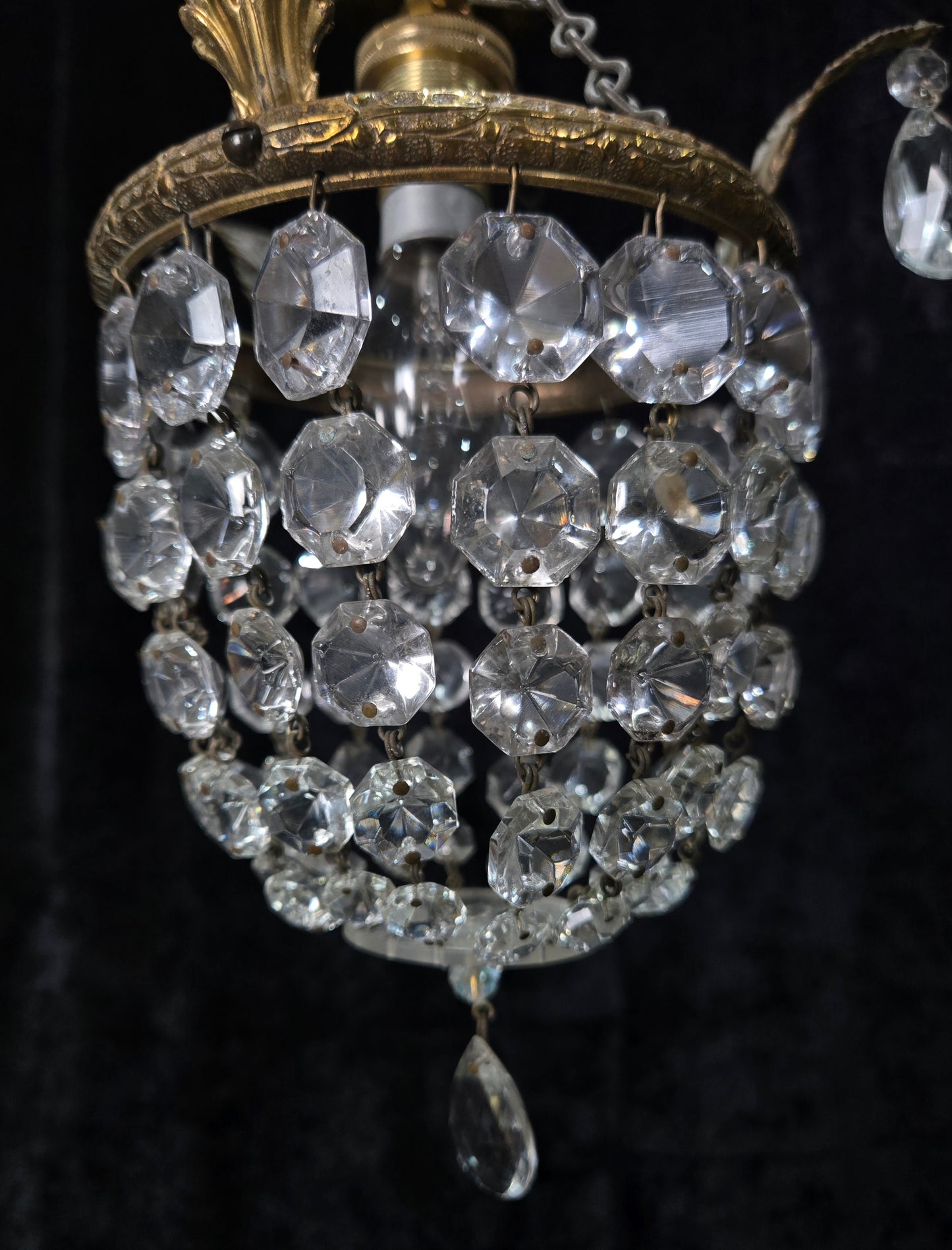 Petite Vintage French Crystal Half Bag Brass 1 Light Leaf Chandelier Light