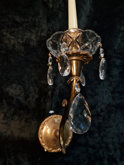 Elegant Pair Vintage Italian 1 Arm Crystal Brass Candle Wall Lights Sconces