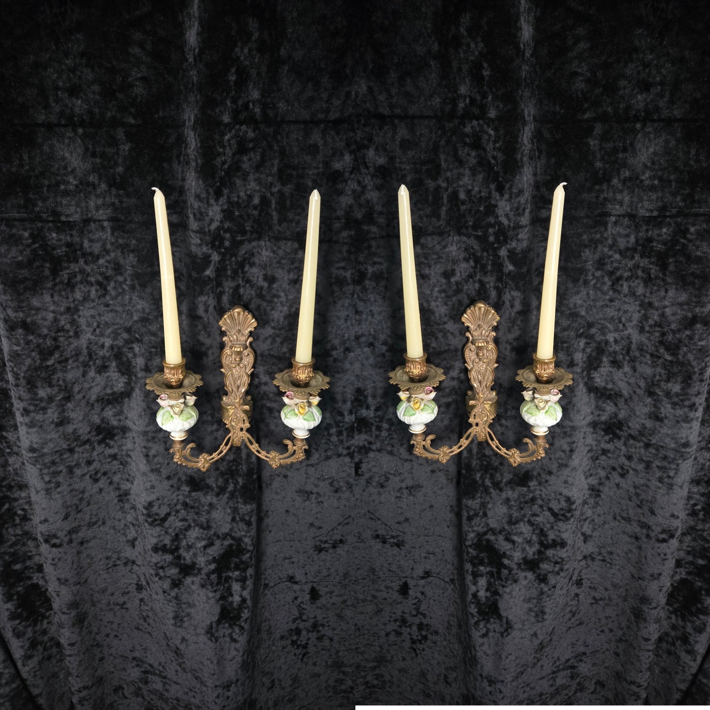 Beautiful Pair Vintage Italian 2 Arm Brass Porcelain Candle Wall Lights Sconces