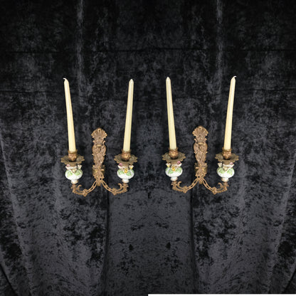 Beautiful Pair Vintage Italian 2 Arm Brass Porcelain Candle Wall Lights Sconces