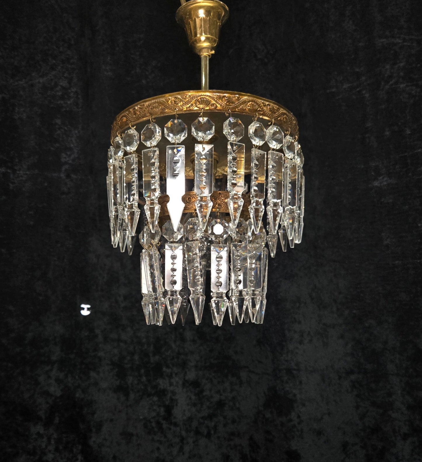 Beautiful Vintage French 2 Tier Waterfall Crystal Brass 1 Light Flush Chandelier
