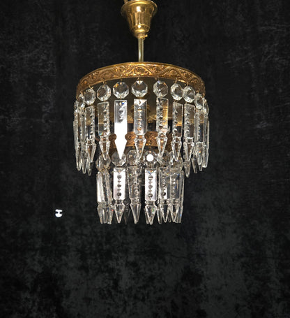 Beautiful Vintage French 2 Tier Waterfall Crystal Brass 1 Light Flush Chandelier