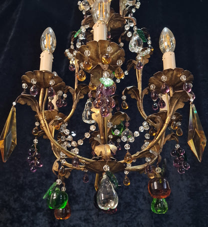 Fabulous Vintage Italian 6 Arm Caged Tole Murano Fruits Chandelier Light