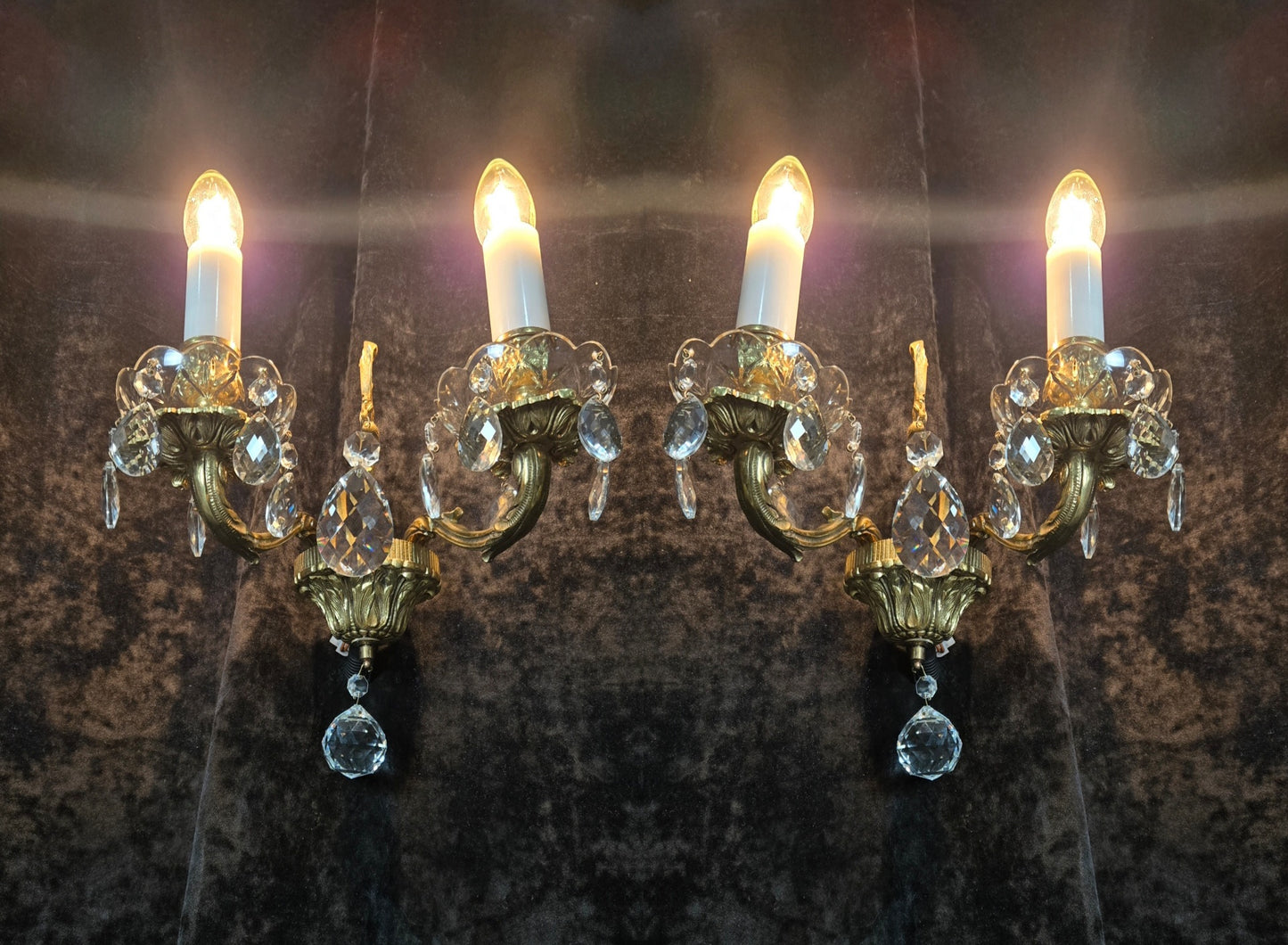 Fabulous Pair of Heavy Brass Vintage French 2 Arm Crystal Wall Lights Sconces
