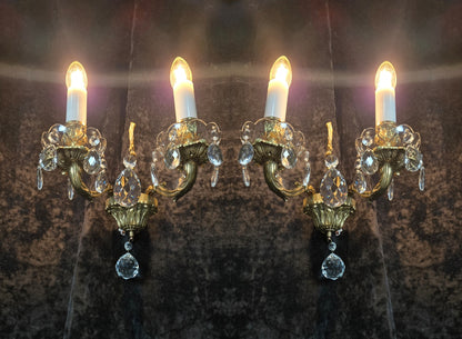Fabulous Pair of Heavy Brass Vintage French 2 Arm Crystal Wall Lights Sconces