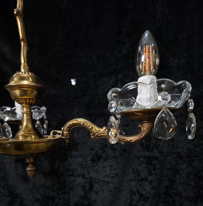 Lovely Vintage French 3 Arm Brass Foliage Crystal Chandelier Ceiling Light