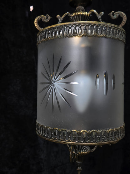 Elegant Vintage Italian Cylinder Cut Glass Starburst Brass 3 Light Lantern