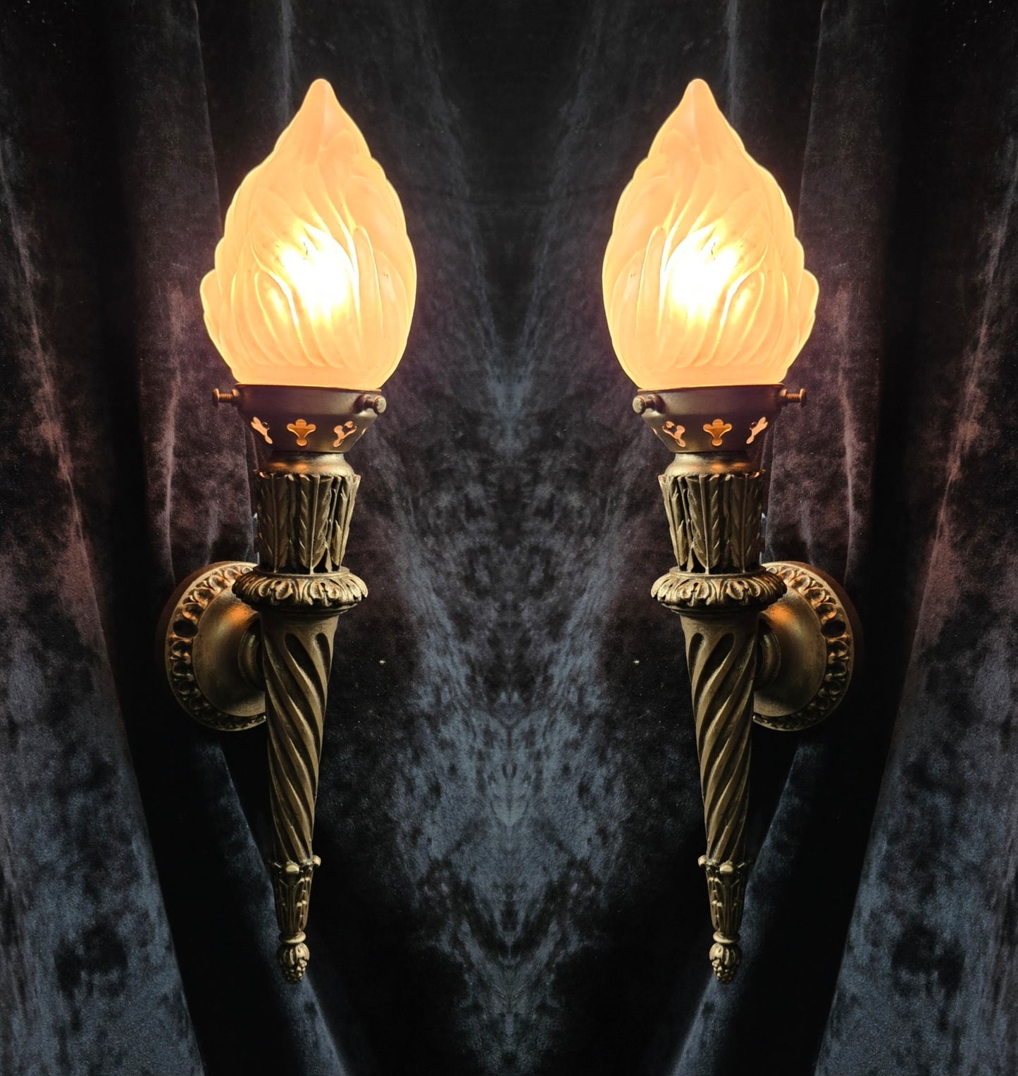 Decorative Pair Vintage Italian Gilded Torchere Wall Lights Sconces Flame Shades