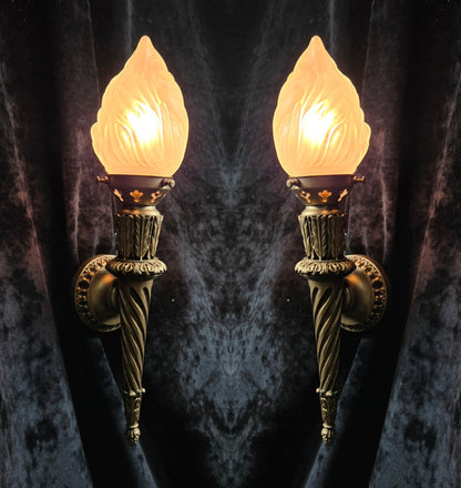 Decorative Pair Vintage Italian Gilded Torchere Wall Lights Sconces Flame Shades