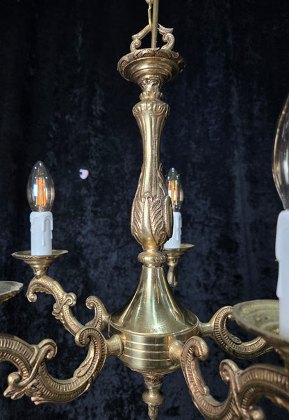 Classical Vintage French 5 Arm Brass Rococo Style Chandelier Ceiling Light
