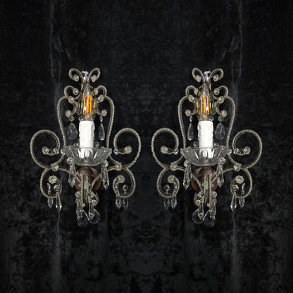 Elegant Pair Vintage Italian Venetian Style Crystal Glass and Iron Wall Lights