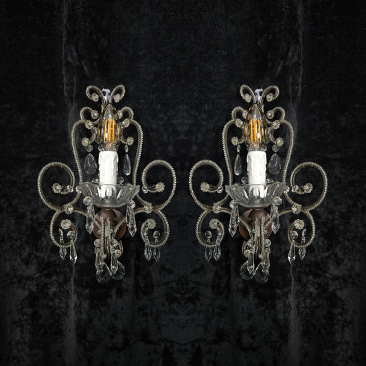 Elegant Pair Vintage Italian Venetian Style Crystal Glass and Iron Wall Lights
