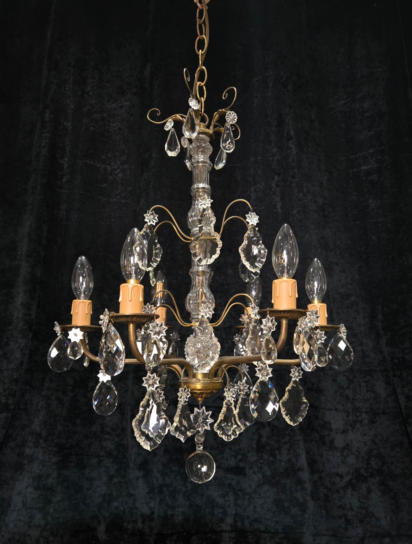 Beautiful Antique French 6 Arm Brass 3 Tier Crystal Chandelier Ceiling Light