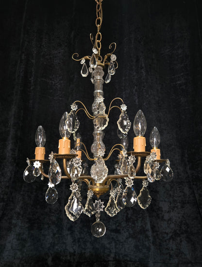 Beautiful Antique French 6 Arm Brass 3 Tier Crystal Chandelier Ceiling Light