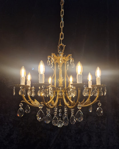Stunning Heavy Large Antique Vintage French Brass Crystal 8 Arm Chandelier Light