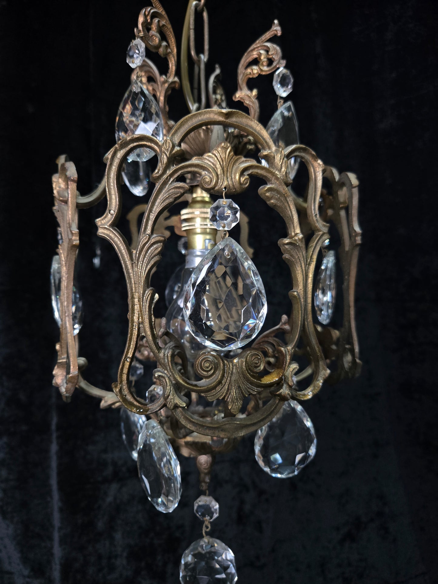 Beautiful Antique French 1 Light Brass Crystal Cage Chandelier Ceiling Light