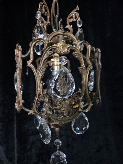 Beautiful Antique French 1 Light Brass Crystal Cage Chandelier Ceiling Light