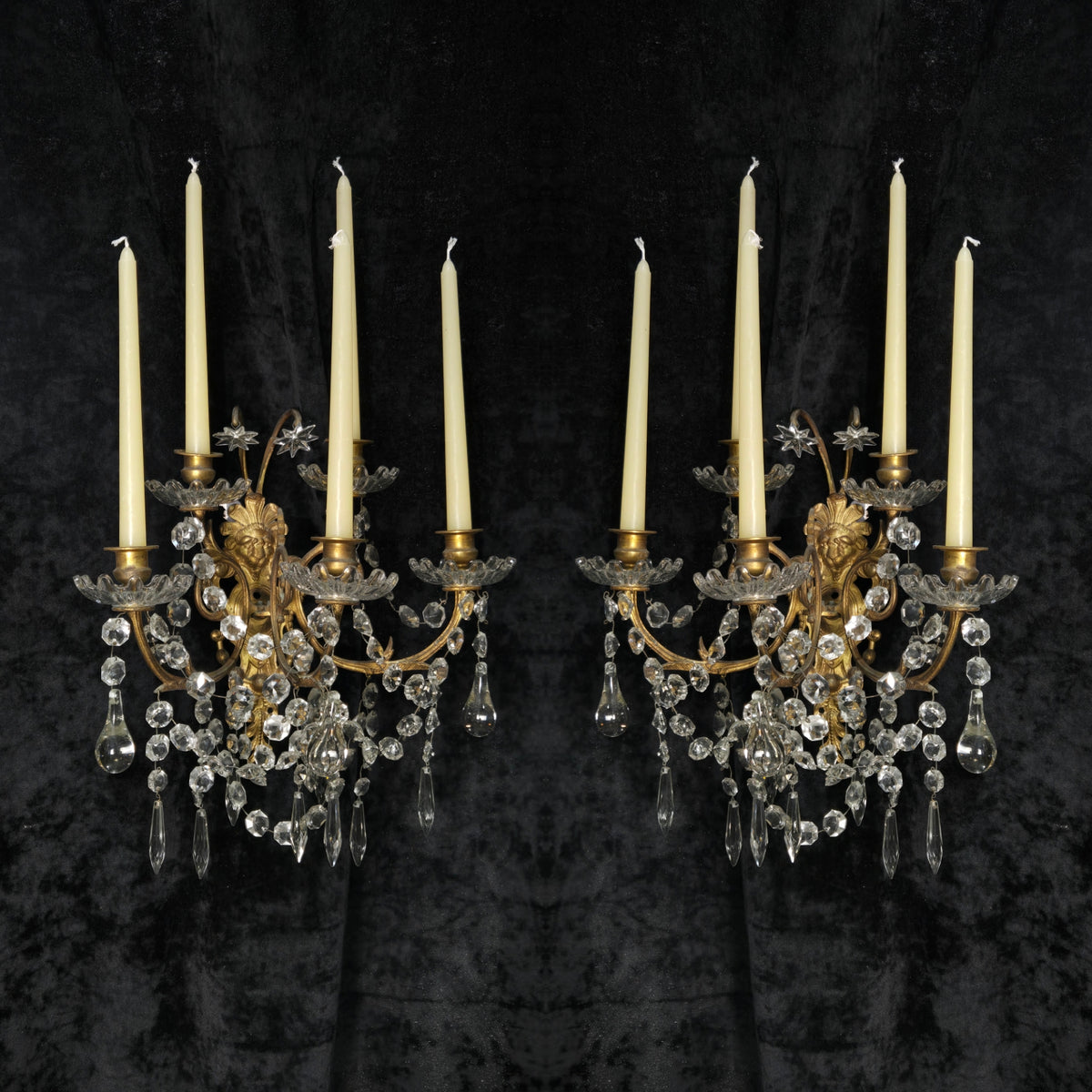 Rare Large Pair 1800s Antique Original Porteiux France Brass Candle Wall Lights