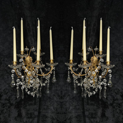 Rare Large Pair 1800s Antique Original Porteiux France Brass Candle Wall Lights