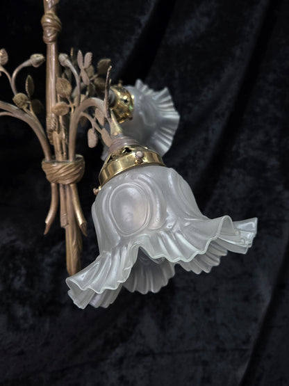Gorgeous Antique French Brass 3 Arm Floral Chandelier Ceiling Light with Shades