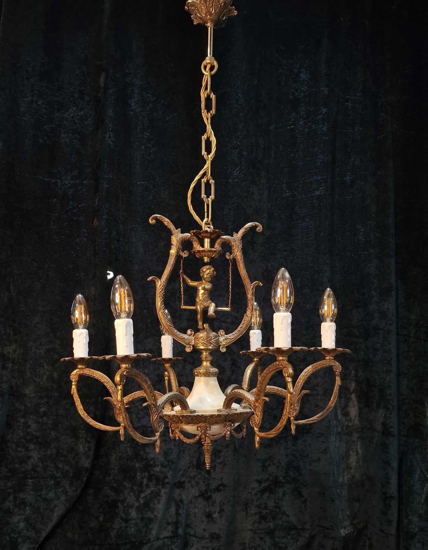 Fabulous Vintage Spanish Heavy Gilded Spelter 6 Arm Cherub Chandelier Light