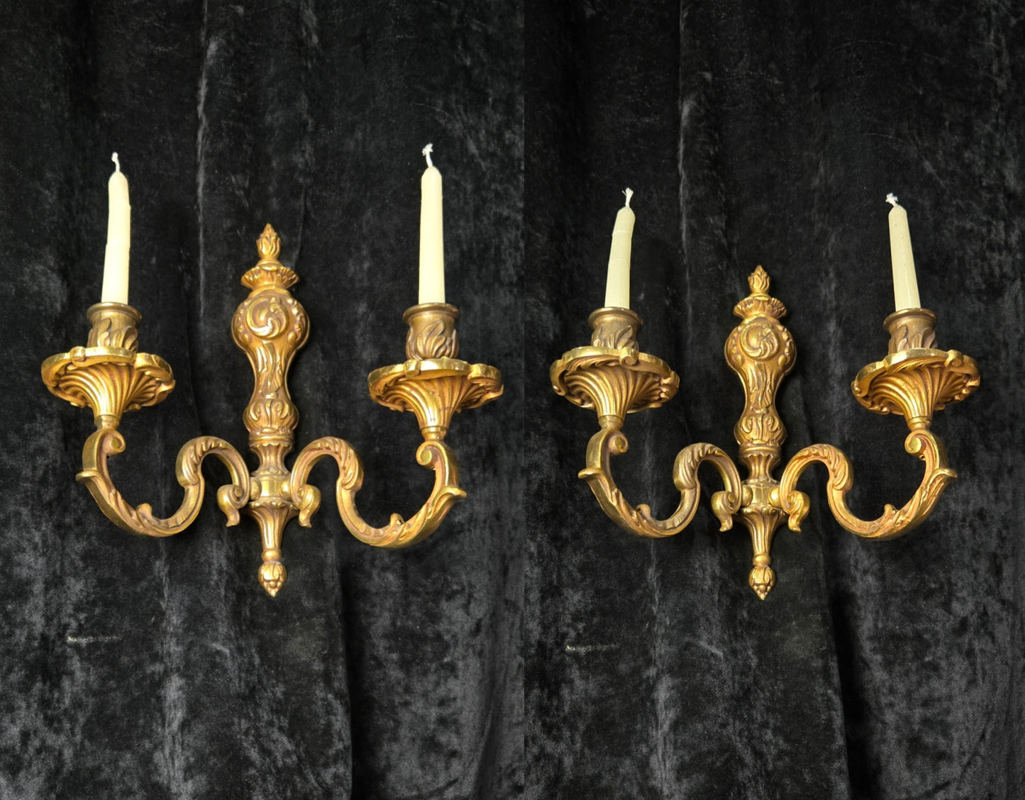 Fine Pair of Heavy Antique French Bronze Rococo Style Candle Wall Lights Sconces