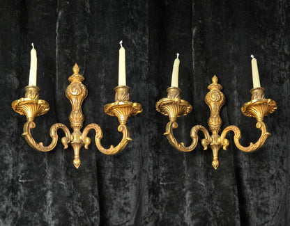 Fine Pair of Heavy Antique French Bronze Rococo Style Candle Wall Lights Sconces