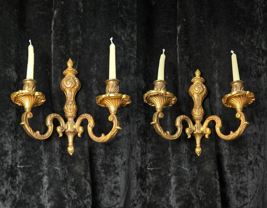Fine Pair of Heavy Antique French Bronze Rococo Style Candle Wall Lights Sconces