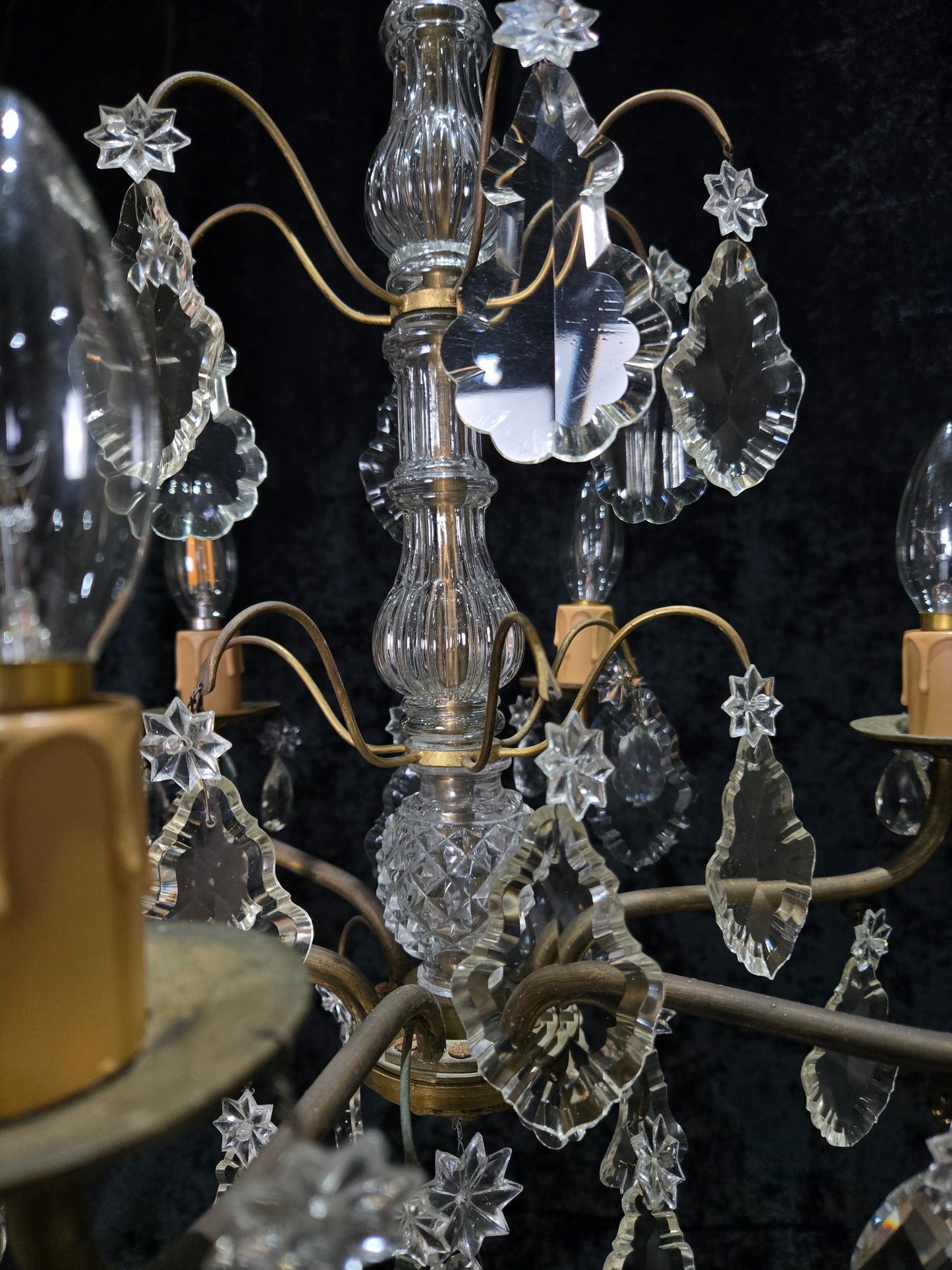 Beautiful Antique French 6 Arm Brass 3 Tier Crystal Chandelier Ceiling Light
