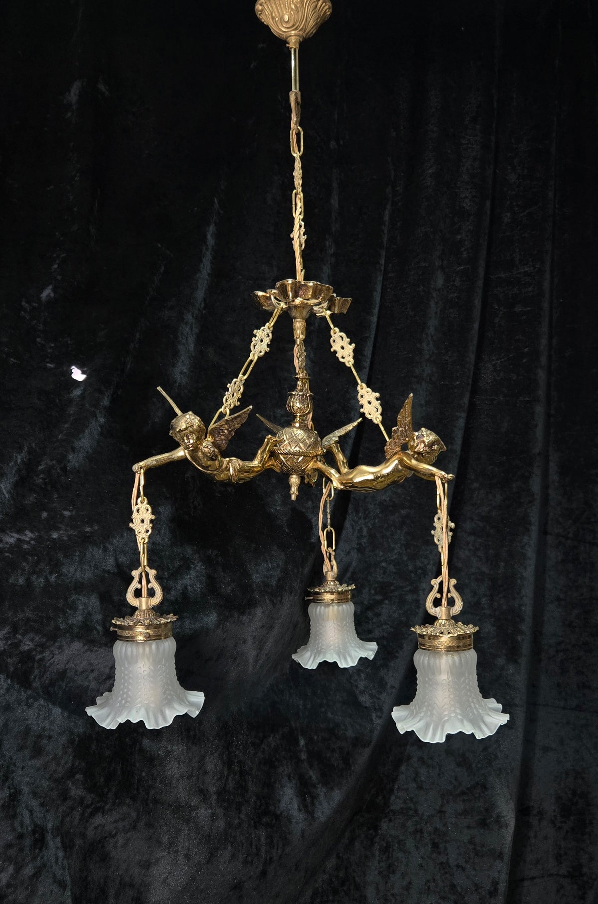 Fabulous Vintage French 3 Light Cherub Brass and Spelter Chandelier with Shades