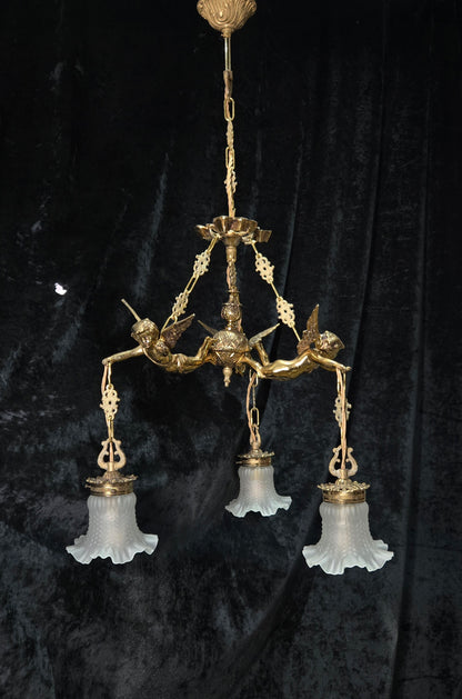 Fabulous Vintage French 3 Light Cherub Brass and Spelter Chandelier with Shades