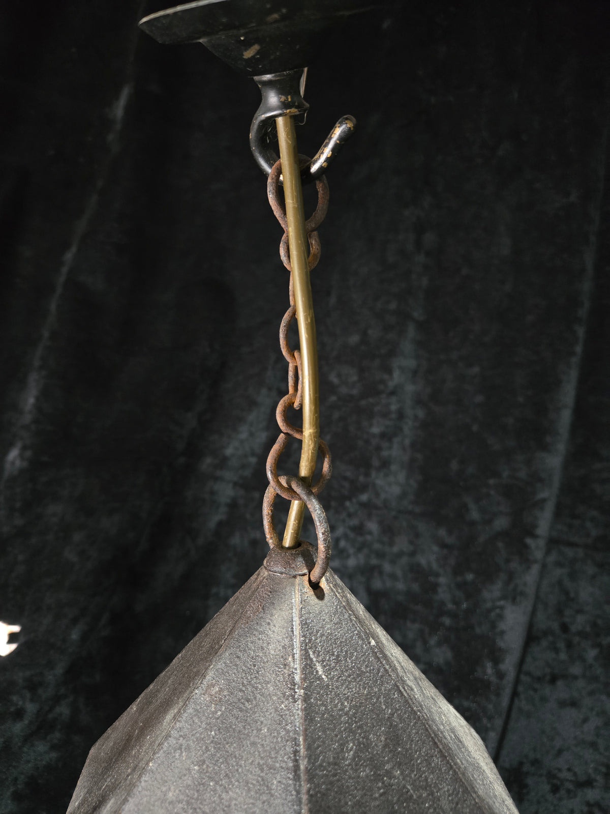 Lovely Vintage French Wrought Iron Gothic Lantern Light with Textured Glass