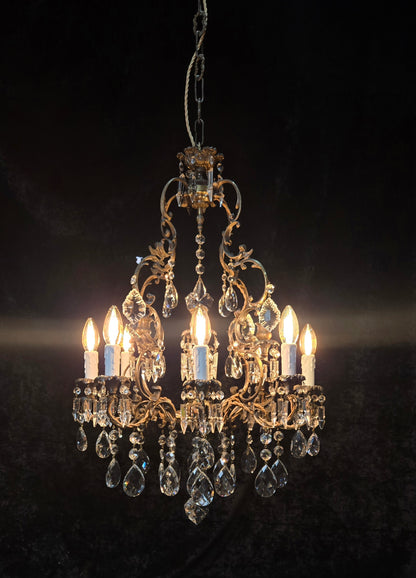 Fabulous Antique Italian 8 Arm 4 Candle Cage Brass Crystal Chandelier Light
