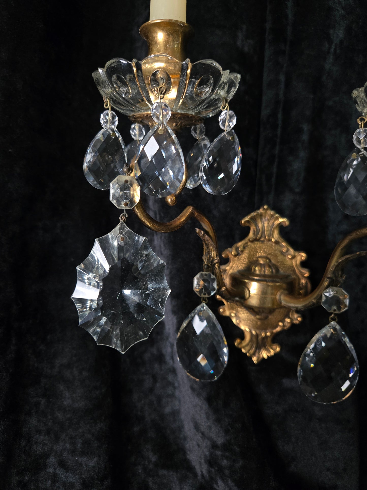 Gorgeous Pair of Vintage Italian 2 Arm Brass Crystal Candle Wall Lights Sconces