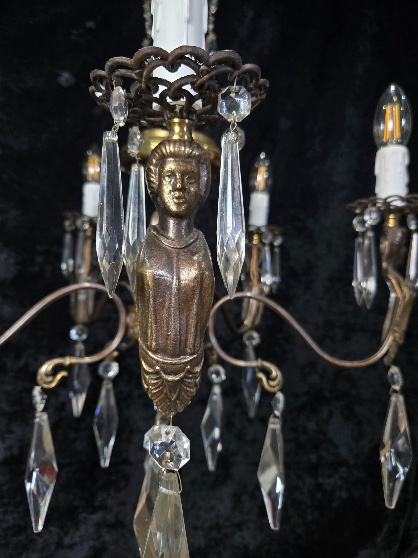 Classical Vintage Italian 5 Arm Crystal Brass Lady Figures Chandelier Light