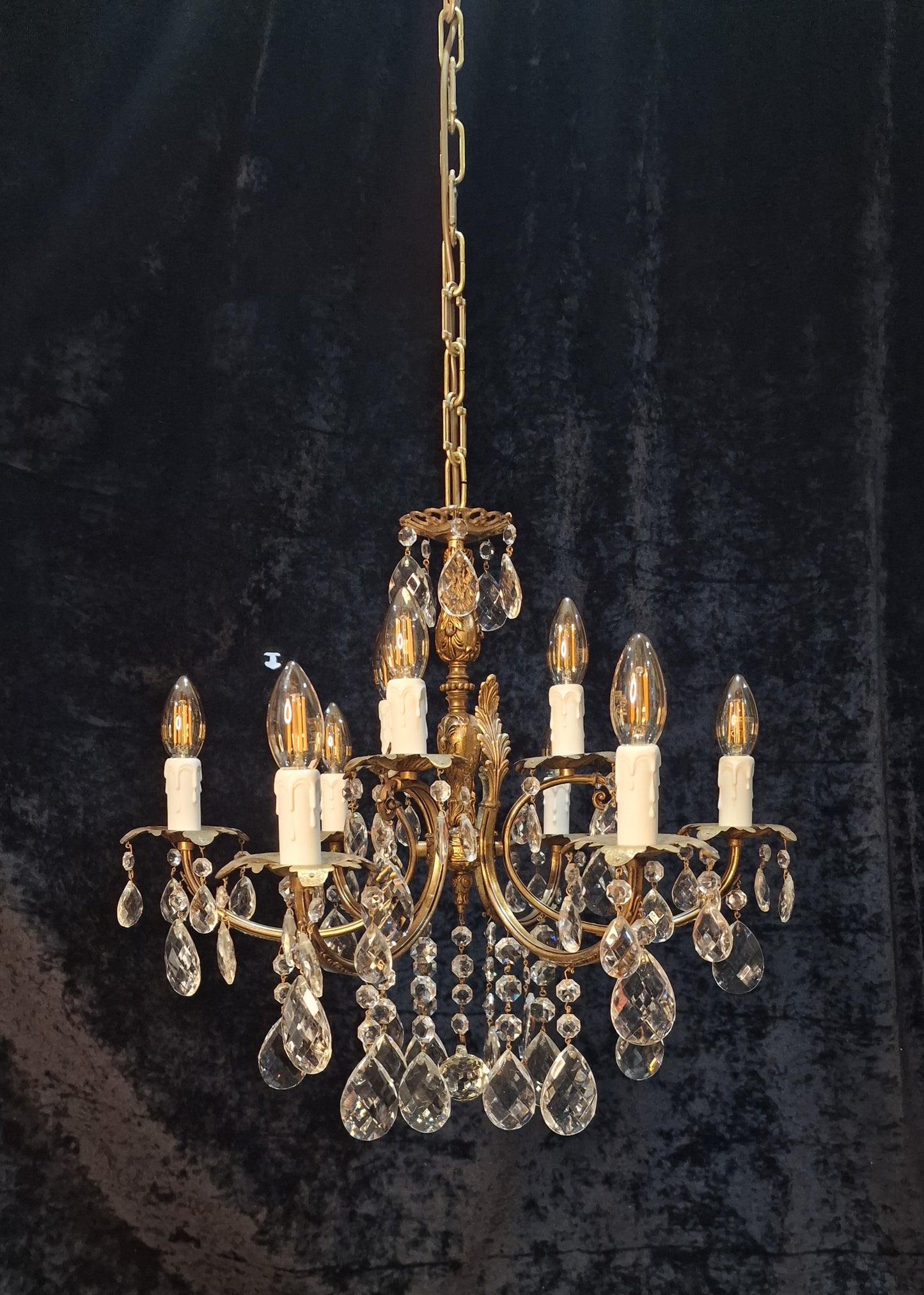 Stunning Antique French 6 Arm 9 Light Heavy Brass Crystal Leaf Chandelier
